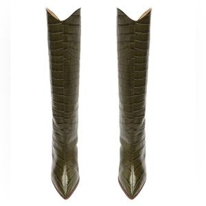 SCHUTZ Maryana Block Crocodile Embossed Leather Boot Military Green Size 8